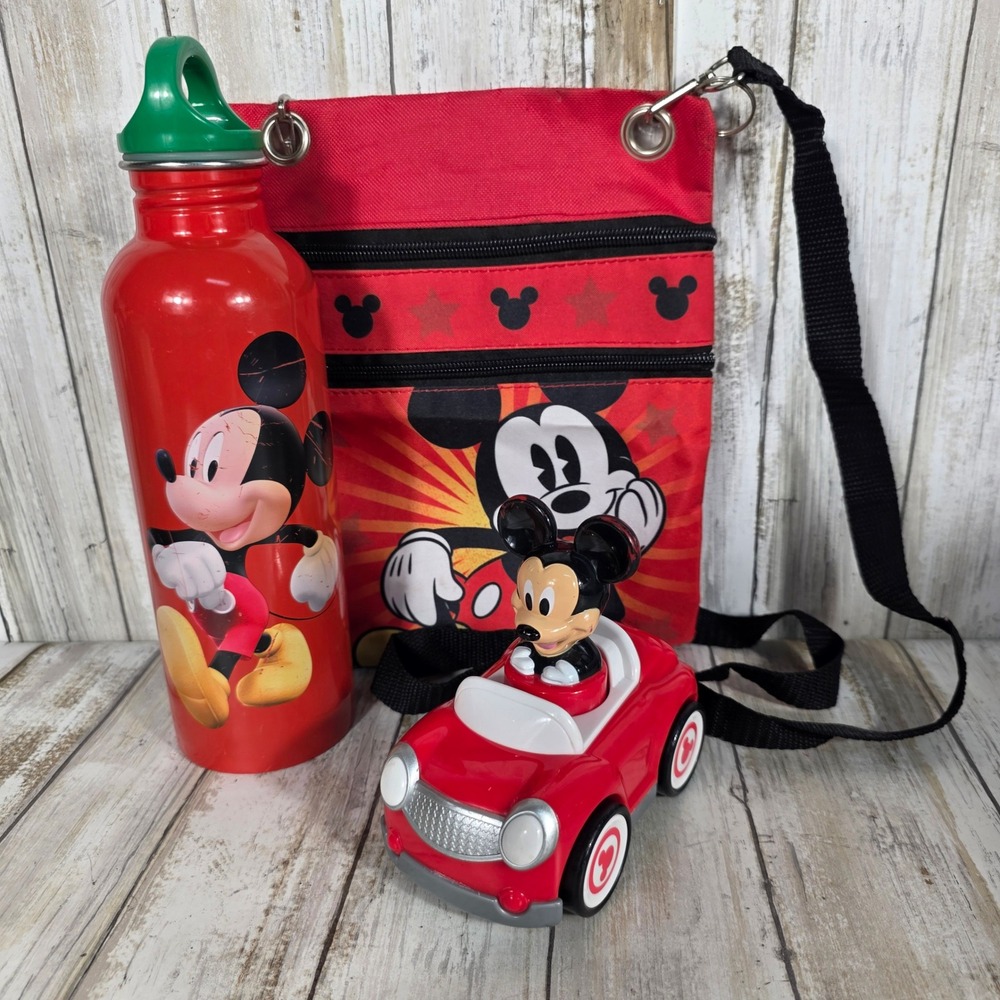 Disney Mickey Mouse Red Crossbody Bag Water Bottle and Toy Car Bundle 3pc Set - Picture 2 of 7
